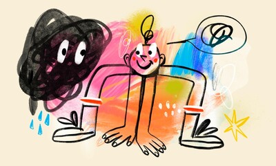 Quirky, abstract Creatures. Cute funny characters. Black rainy cloud with eyes. Smiling person with speech bubble. Colorful background. Cartoon contemporary style. Hand drawn modern illustration - 714212570