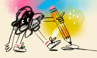 Quirky, doodle, abstract Creature. Cute funny character with eyes, hands, legs holding a pencil. Colorful bright background. Various texture. Cartoon contemporary style. Hand drawn modern illustration - 714212584