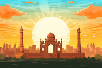 Painting style Taj Mahal and flag colors on dark background, Indian Independence Day. Generative ai - obrazy, fototapety, plakaty