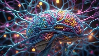 3D Brain Visualization  Vibrant Neon Lines Illustrate Dynamic Neural Connections ai generation