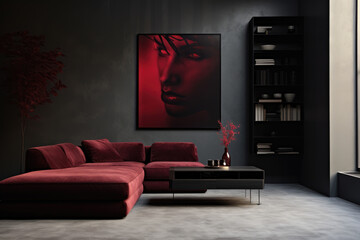 Painting wall modern minimal living room interior design indigo dark red colors