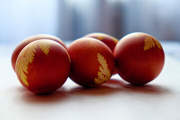 Nature-inspired designs on dyed, decorative eggs. decorative eggs
