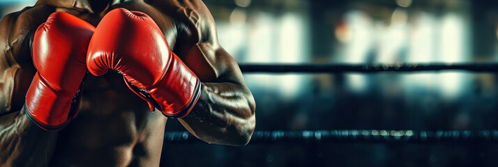 Boxer with red gloves ready to fight against blurred boxer ring background. - obrazy, fototapety, plakaty