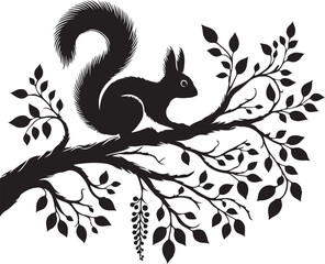 squirrel on branch silhouette of vector illustration 