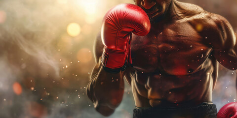 Boxer with red gloves ready to fight against blurred boxer ring background.