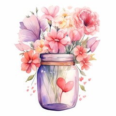 Love you forever watercolor valentine card with flower bouquet. 