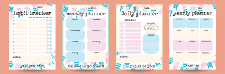 A set of templates for a4 planner, notepad. Habits tracker, daily, weekly, annual list. Schedule, goals, mood, notes. A fun, childish style with flags. Vector illustration