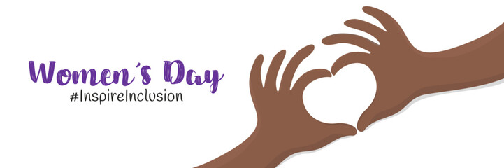 Obraz premium Inspireinclusion. 2024 International Women's Day. a horizontal banner. Female hands with dark skin in the shape of a heart. With an inscription on a white background. Vector illustration.