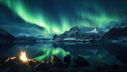 Naklejka premium View of night sky with multicolored aurora borealis and snowy mountains peak background. Night glows in vibrant aurora reflection on the lake with forest. 