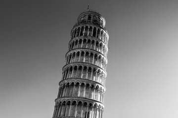 leaning tower in black and white