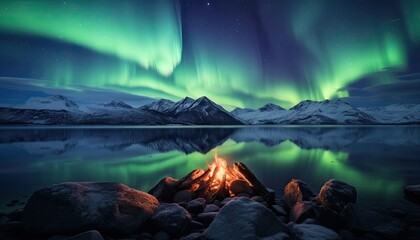 Naklejka premium View of night sky with multicolored aurora borealis and snowy mountains peak background. Night glows in vibrant aurora reflection on the lake with forest. 