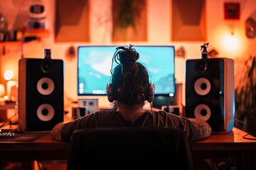 A music producer working on sound editing at a home studio with ambient lighting.