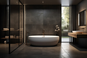 Paynes gray color spacious minimal design luxury decorated bathroom interior