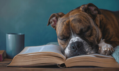 Reading. The dog fell asleep on an open book. Search for information. Diligence in learning. The concept of self-improvement and discipline in studies.