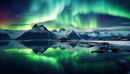 Naklejka premium View of night sky with multicolored aurora borealis and snowy mountains peak background. Night glows in vibrant aurora reflection on the lake with forest. 