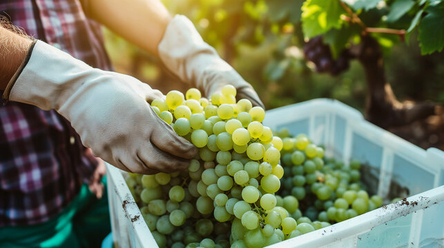 Harvest Delight: Farmer with Gloves Holding Box of Fresh Grapes, Close-Up Realistic Photo