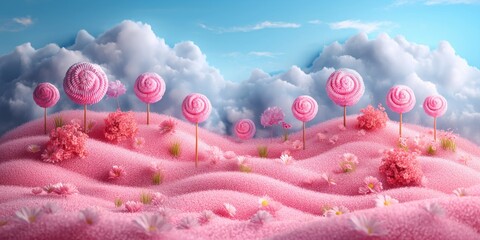 Lollylops sweet lansdcape background. Candyland scene for game or presentation design. Holiday, baby shower, birthday concept.