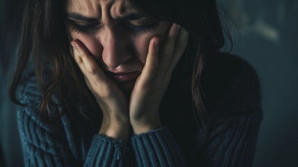 Sad, Depressed Woman: Grieving, Crying, Folded Hands, Tears Eyes - Depicting Life Difficulties, Depression, and Mental Emotional Struggles