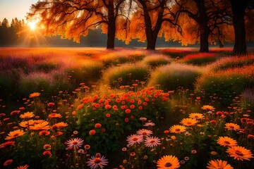 meadow with colourful autumn flowers.