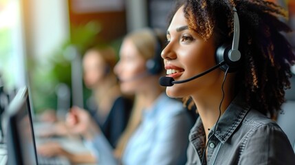 A woman wearing a headset in front of a computer, positive and energetic call center operator.