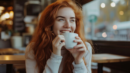 Redhead Woman savoring coffee with content smile