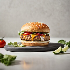 hamburger on a wooden table