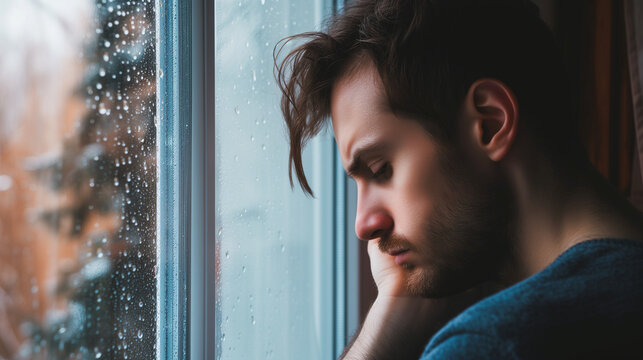 depressed man by house window, abstract depression
