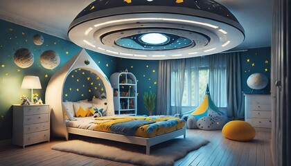 illustrated blue space design room with bed and toys 