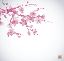 Minimalist sumi-e ink painting of pink sakura branch on white background. Traditional oriental ink painting sumi-e, u-sin, go-hua. Translation of hieroglyph - bloom