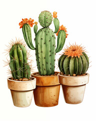 Three cacti in pots, illustration (generated using artificial intelligence).