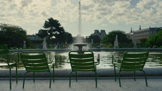 Relaxation area near the fountain in Tuileries Park in Paris, France