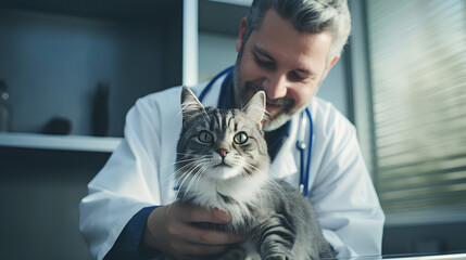 Male Doctor Examining Happy Cat in Veterinary Clinic, Medical Tests and Health Checkup