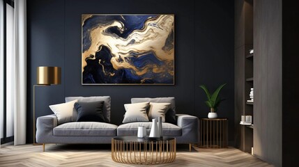 Modern interior living room with abstract dynamic shiny navy blue and gold colors energy flow wave...