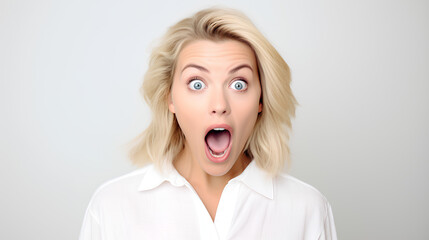 Surprised and Shocked Blonde Woman with Wide Open Eyes and Mouth Isolated on White Background