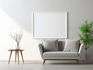 Interior room with gray furniture and a blank white frame mockup on the wall