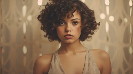 Photorealistic Teen Latino Woman with Brown Curly Hair retro Illustration. Portrait of a person in vintage 1920s aesthetics. Historic movie style Ai Generated Horizontal Illustration.