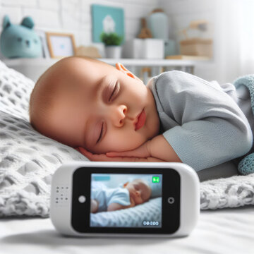 Photo of baby sleeping in bed with baby monitoring and listening device