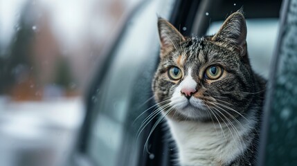 A kitten looking out of a car window during the trip. Curious cat with attentive eyes during a road trip. Close-up adorable cat looking on window car.