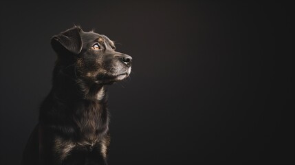 Obraz premium Black labrador puppy, plain black background, copy space for text and other elements 