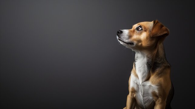 Studio portrait of a jack russell terrier looking up, black blank background, copy space for text and other elements 