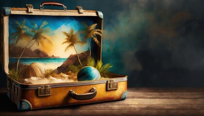 fantasy briefcase with holiday motif sand palm trees beach with sunset  - obrazy, fototapety, plakaty