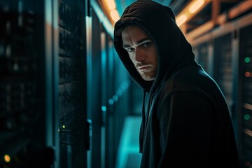Smiling Teenager in Hoodie at Network Data Center