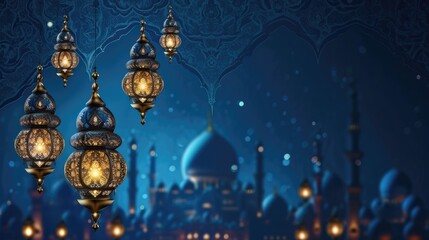 Obraz premium Ramadan Kareem celebration background illustration with Mosque, arabic lanterns and moon.
