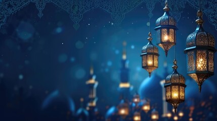 Fototapeta premium Ramadan Kareem celebration background illustration with Mosque, arabic lanterns and moon.