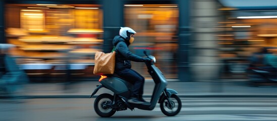 Food delivery made by an electric scooter in the city, with blurred motion and focused on the delivery itself. - obrazy, fototapety, plakaty