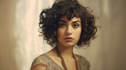 Fototapeta premium Photorealistic Teen Persian Woman with Brown Curly Hair retro Illustration. Portrait of a person in vintage 1920s aesthetics. Historic movie style Ai Generated Horizontal Illustration.