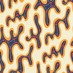 vector orange and blue freeform shape with dots seamless pattern on cream.