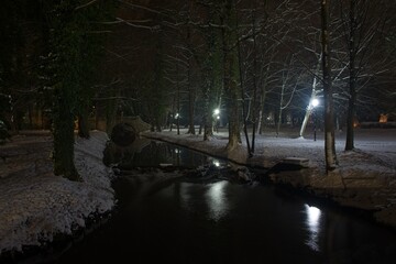 Zimowa noc w parku. Bezlistne drzewa i ziemię pokrywa warstwa śniegu. Przez park przepływa wąska, mała rzeka. Z prawej strony rzeki jest rząd świecących latarni. - obrazy, fototapety, plakaty