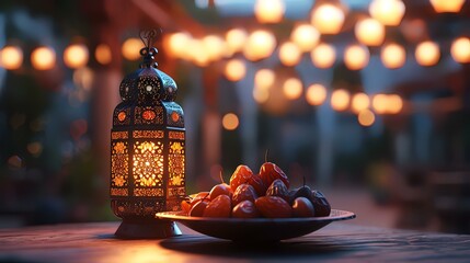 Beautiful Ramadan Kareem greeting card with date fruits and lantern. - obrazy, fototapety, plakaty