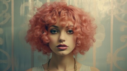 Fototapeta premium Photorealistic Teen Persian Woman with Pink Curly Hair retro Illustration. Portrait of a person in vintage 1920s aesthetics. Historic movie style Ai Generated Horizontal Illustration.